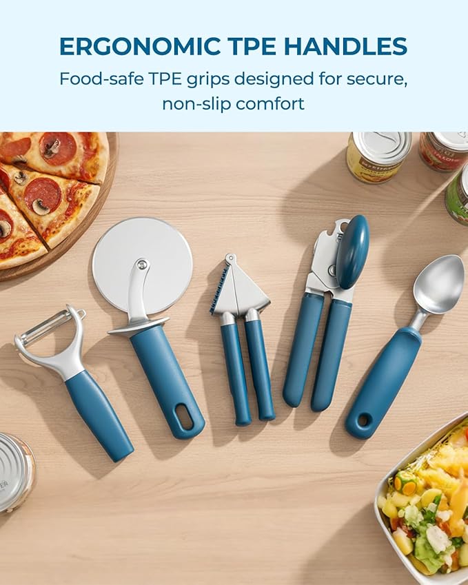 OOU Kitchen Gadget Set, 5 Piece Premium Zinc Alloy Kitchen Tools with Ergonomic TPE Handles – Includes Can Opener, Pizza Cutter, Garlic Press, Ice Cream Scoop, Peeler, and Wooden Storage Tray