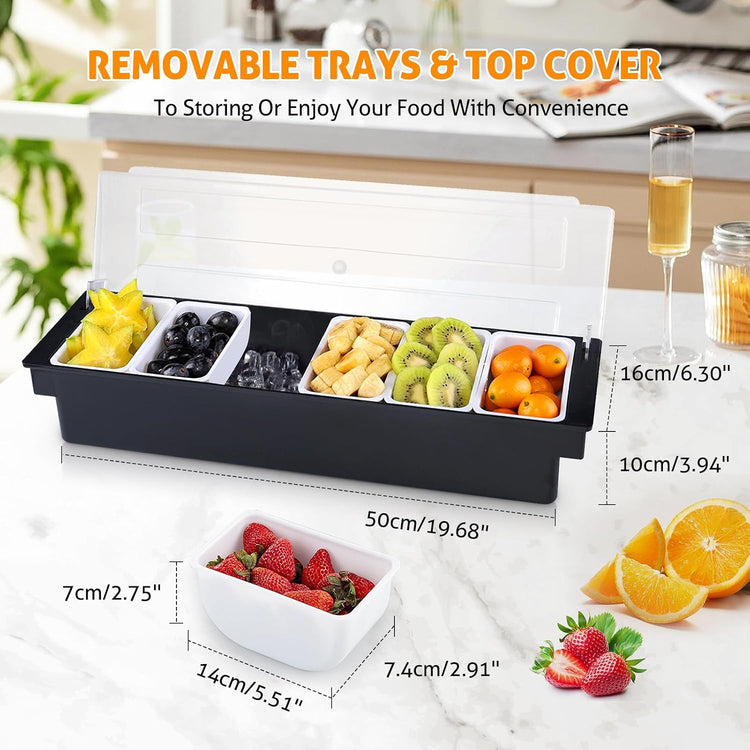 WICHEMI Fruit, Veggie & Condiment Caddy with Lid Dispenser Tray Garnish Station for Bartending & Serving Taco, Ice Cream, Salad Bar - Topping Organizer for Restaurant Supplies (6 Compartment, 2 Pack)