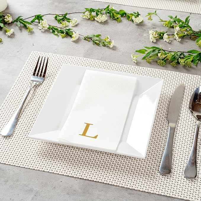 Luxenap 15.8 X 7.9 Inch Linen-Feel Guest Towels, 50 Lettered Hand Towels - Gold Letter 'L', Sans Serif Font, White Paper Dinner Napkins, airlaid, For Restrooms And Tables