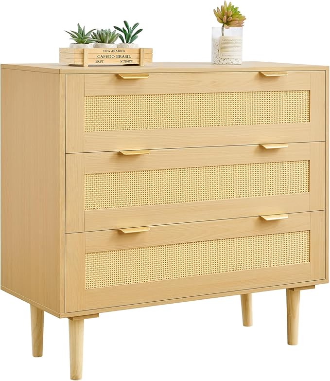 VEVOR 3 Drawer Rattan Dresser, Small Boho Dresser for Bedroom, 31.5" Wide Chest of Drawers with Metal Handles & Wooden Legs, Wood Clothing Storage Closet for Living Room, Hallway, Natural Oak