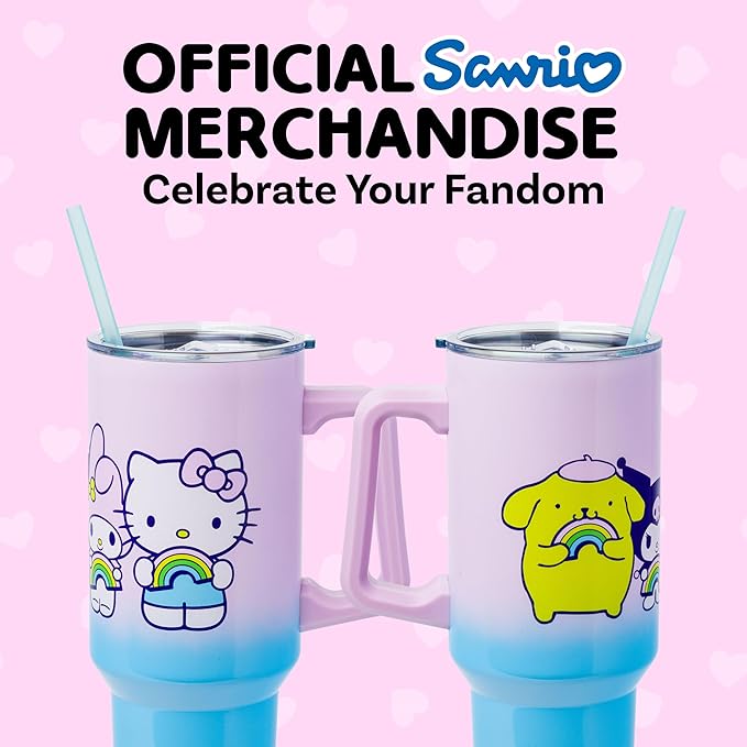 Silver Buffalo Sanrio Hello Kitty and Friends Featuring My Melody, Kuromi, Pompompurin Rainbow Ombre Double Walled Stainless Steel Tumbler with Handle and Straw, Fits in Standard Cup Holder, 40 Ounces