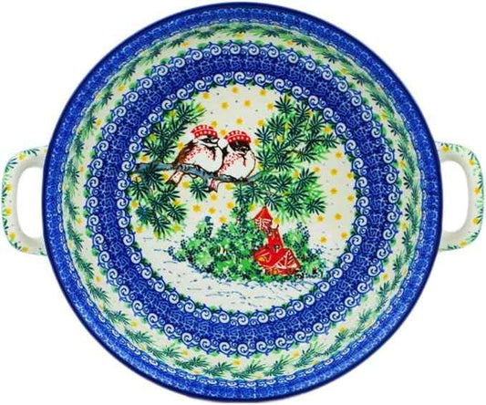 Polmedia Polish Pottery Round Baker with Handles 10-inch UNIKAT - Cozy Bullfinch Pattern Handmade in Boleslawiec Poland by Ceramika Artystyczna + Certificate of Authenticity