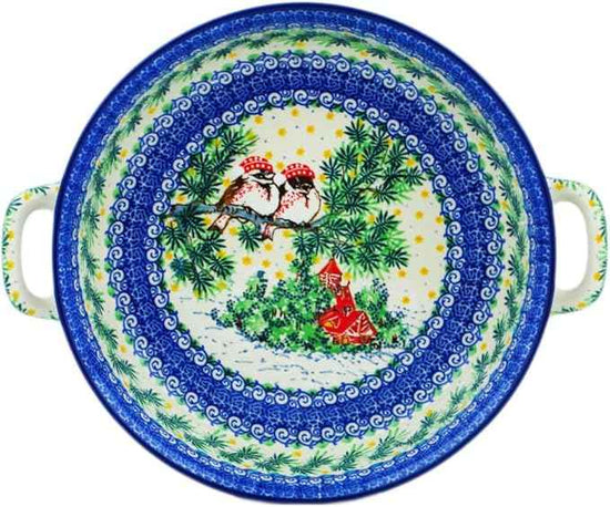 Polmedia Polish Pottery Round Baker with Handles 10-inch UNIKAT - Cozy Bullfinch Pattern Handmade in Boleslawiec Poland by Ceramika Artystyczna + Certificate of Authenticity