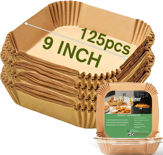 Large Air Fryer Disposable Paper Liners Square 9 Inch, 125 Pcs Parchment paper liner for 5-8QT Air fryer, Oil-proof, Water-proof, Parchment Baking Paper for Baking Roasting Microwave