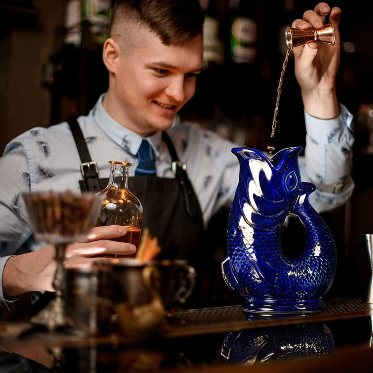 Gurgle Glug Jug The Bubble Jug® Dark Cobalt Blue 50 fl oz 1.5L Litre Extra Large Pitcher - Fish Shaped Jug - Decorative Ceramic Glugging Cocktail, Water and Gin Vase and Gurgling Carafe Pot