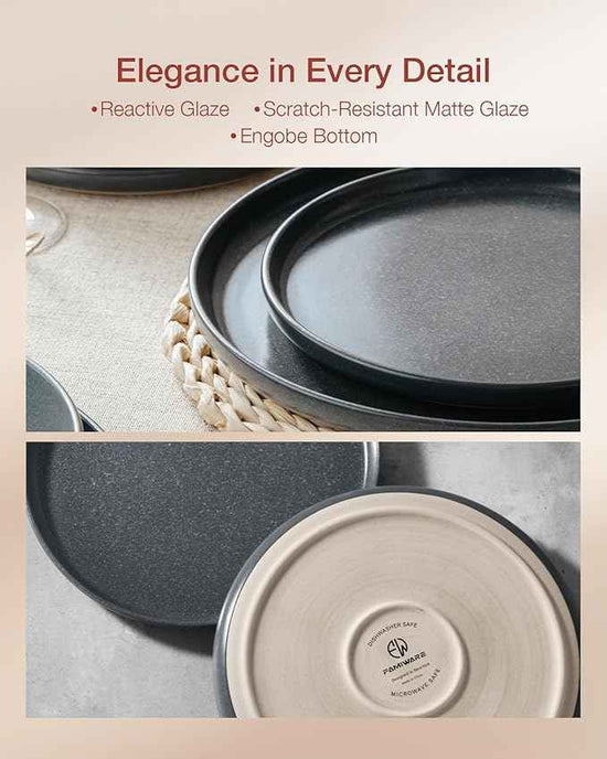 Famiware Milkyway Stoneware Dinnerware Sets with Pasta Bowls, Service for 4 (16 Pieces), Reactive Glaze Plates and Bowls Sets, Microwave and Dishwasher Safe Dishes Set, Matte Dark Charcoal