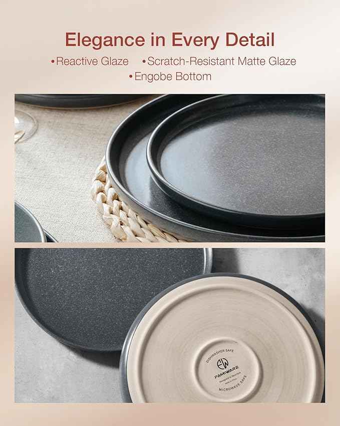 Famiware Milkyway Stoneware Dinnerware Sets with Mugs, Service for 4 (16 Pieces), Reactive Glaze Plates and Bowls Sets, Microwave and Dishwasher Safe Dishes Set, Matte Dark Charcoal