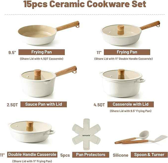 SENSARTE Ceramic Nonstick Cookware Set Non-toxic Healthy Pots and Pans Set Ceramic Coated Kitchen Cooking Set, Free of Intentionally Added PFAS/PTFE, Dishwasher&Oven Safe, Induction Compatible, 15pcs