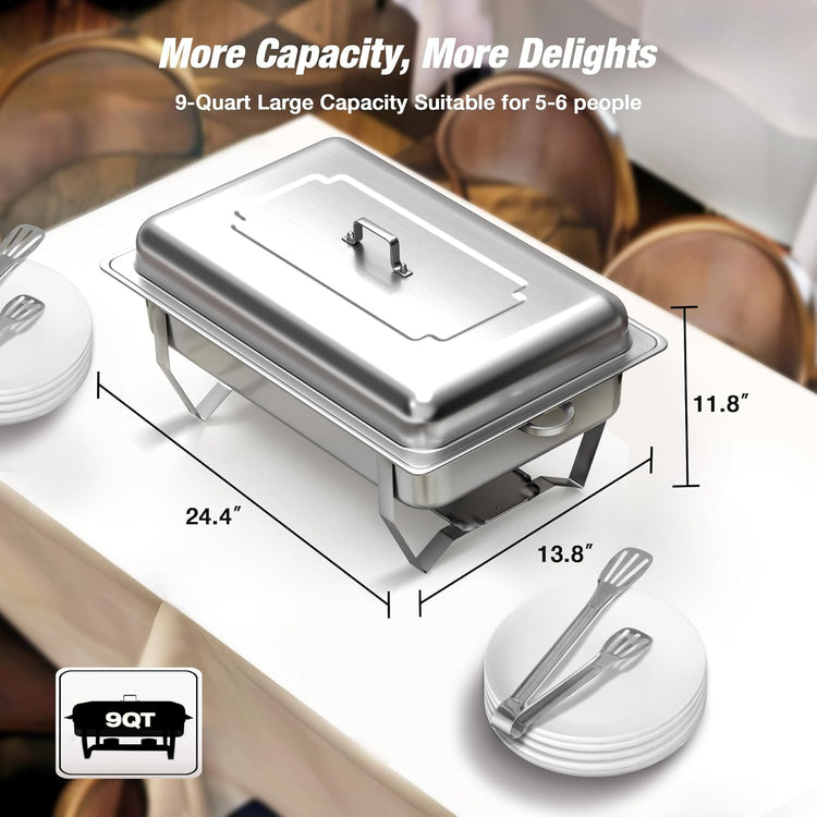 Chafing Dishes for Buffet (9QT, 4 Pack) - Easy Assembly, Food-Grade Stainless Steel Chafers for Catering w/Rolled Edge Design, Foldable Frame, for Party, Banquet (Full Size Food Pan)