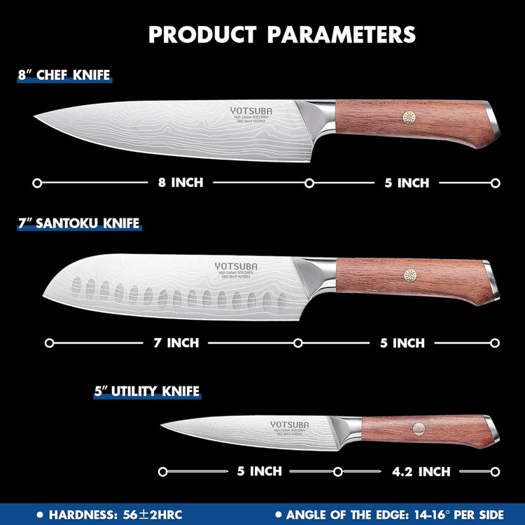 YOTSUBA Kitchen Knives Set, 3 Piece Chef Knife Set, Sharp High Carbon Stainless Steel Forged Blade Professional Kitchen Knife Set with Ergonomic Handle, Chef Knives Set for kitchen with Gift Box