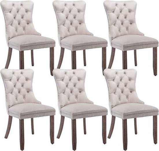 Beige Velvet Dining Chairs Set of 6, Upholstered Dining Room Chairs with Back Ring Pull Trim and Solid Wood Legs, Tufted Wingback Kitchen Chairs for Dining Room,Living Room,Kitchen(Beige)