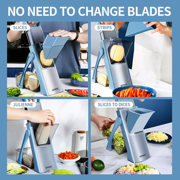 Upgrade Safe Mandoline Slicer for Kitchen, Vegetable Chopper Slicer, Potato Slicer Thickness Adjuster, French Fry Cutter, Veggie Onion Dicer Faster Kitchen Mandolin for Meal Prep (Blue)