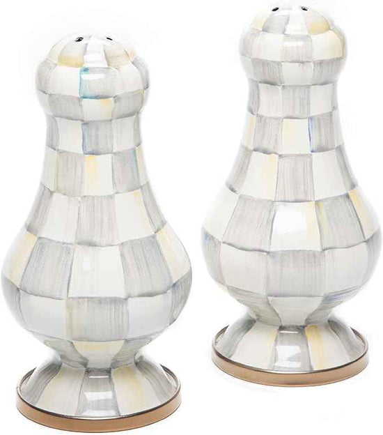 MACKENZIE-CHILDS Enamel Salt and Pepper Shakers, Kitchen Table Spice Shaker Set, Gray-and-White Sterling Check, Large