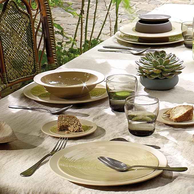 DEGRENNE Bahia French Dinner Plate Set - Luxury Stoneware Dish Set for 4, Modern Ceramic Dishware for Kitchen, Made in France, Microwave Safe, Dishwasher Safe, 10” - Dune