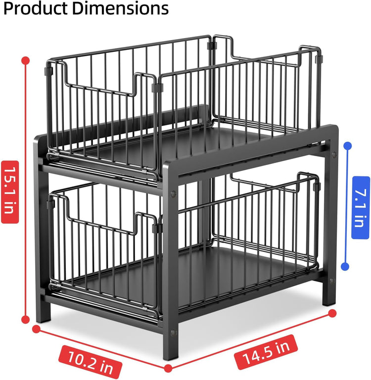 2 Tier Sliding Basket Drawer Organizer, Lxmons Pull Out Under Sink Cabinets Organizers, Metal Home Shelf for Bathroom or Kitchen, Sliding Countertop or Pantry Storage Shelf, Large Black