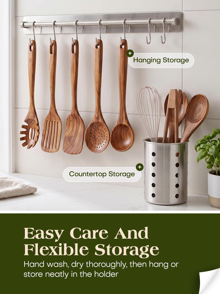 11 Piece Natural Teak Wood Kitchen Utensil Set with Holder (11 Count)