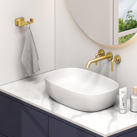 Suyar Double Towel Hook Brushed Gold, SUS304 Stainless Steel Square Coat Robe Holder, Bathroom Kitchen Towel Hanger, Wall Mounted