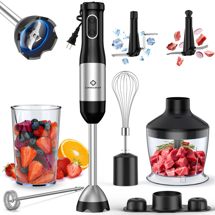 7-in-1 Immersion Blender, 800W Hand Blender with 20 Speeds and Turbo, Scratch-Resistant Guard, 2 Titanium Blades, Whisk, Milk Frother, Food Chopper, Beaker for Soup, Smoothies, Baby Food