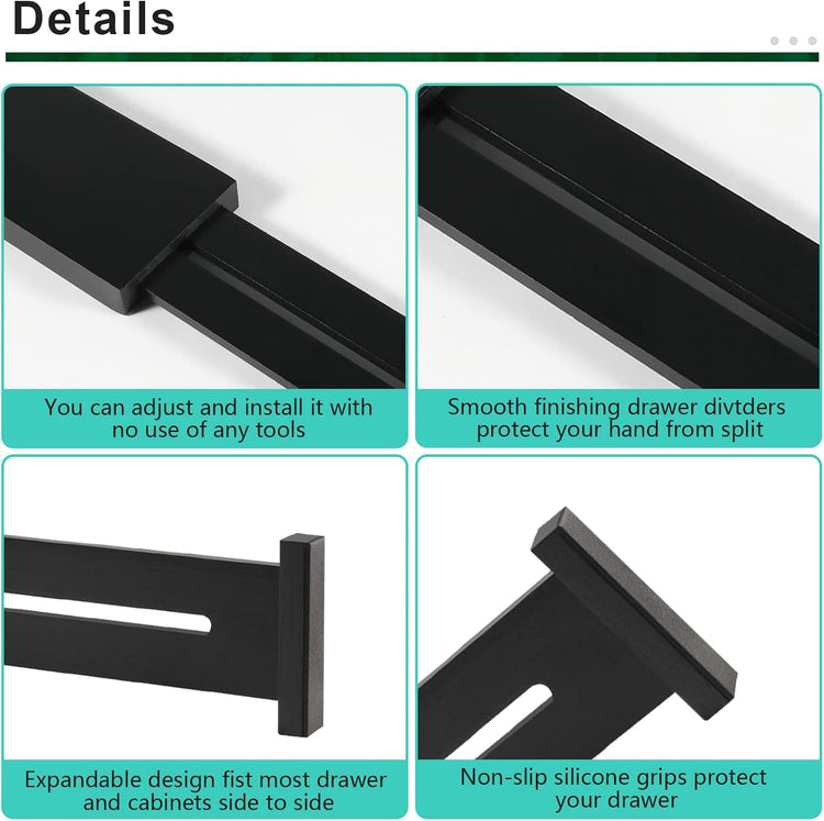 4 Pack Bamboo Drawer Dividers, Adjustable Length from 12 Inch to 17 Inch, Expandable Kitchen Drawer Organizer, Drawer Organization Separators for Clothes, Kitchen, Bedroom, Dresser, Office (Black)