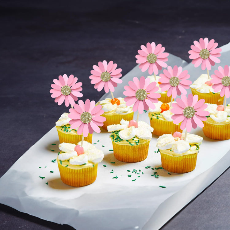 24Pcs Daisy Cupcake Toppers Flower Cake Topper Decorations Daisy Cake Decorations Chrysanthemum Cupcake Toppers Spring Daisy Flower Cake Picks for Birthday Wedding Supplies Light Pink (24 Count)