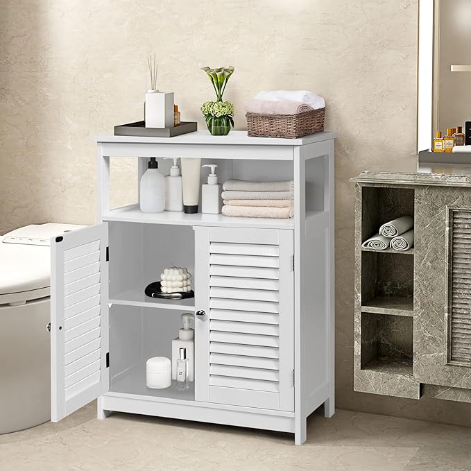COSTWAY Bathroom Storage Cabinet, Wooden Side Storage Organizer with Louver Doors & Removable Shelf, Freestanding Floor Cabinet for Living Room, Kitchen, Entryway (White)