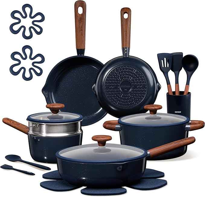 CAROTE 21pcs Cookware Set Nonstick Pots and Pans Set, Ceramic Cookware Set Induction Cookware, Non toxic Healthy Non Stick Kitchen Cooking Set, PFAS PTFE Free, Blue