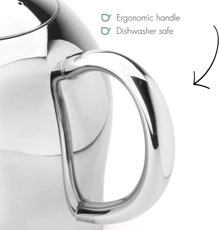 Santhee Double Walled Teapot, 1.4-Liter Stainless Steel Glossy Finish with Glossy Accents