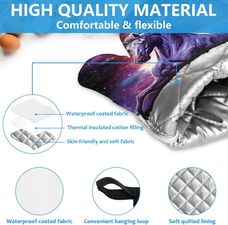Horse Purple Galaxy Space Oven Mitts and Pot Holders Sets Heat Resistant 4Pcs Potholders Oven Gloves Hot Pads for Kitchen Baking Cooking Grilling BBQ