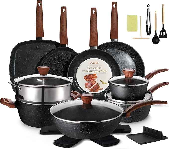 26Pcs Pots and Pans Nonstick Ceramic Cookware Set Nontoxic Kitchen Cooking Set with Steamers Utensils Induction Compatible, PFAS/PFOA Free, Oven and Dishwasher Safe, Black