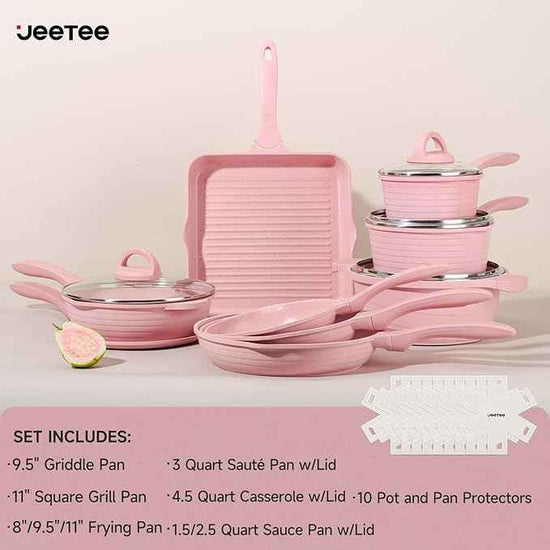 JEETEE Pink Pots and Pans Set Nonstick 23pcs, Healthy Kitchen Cookware Sets, Induction Cooking Set Pink Frying Pans, Saucepans, Sauté & Griddle & Crepe Pan (PFOA Free)