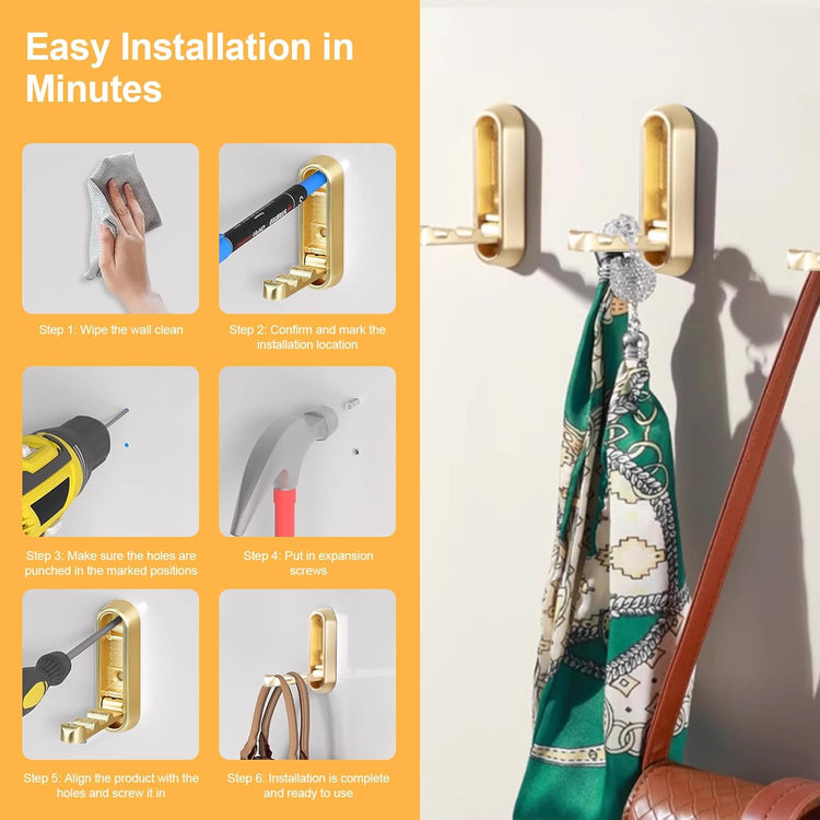 Heavy Duty Gold Folding Wall Hooks 2 Pack, Space Saving Foldable Coat Hooks for Bathroom, Closet, Entryway, Kitchen, Towel, Robe, Bag, Hat Hanging, Easy Mount, Zinc Alloy, Corrosion-Resistant ﻿