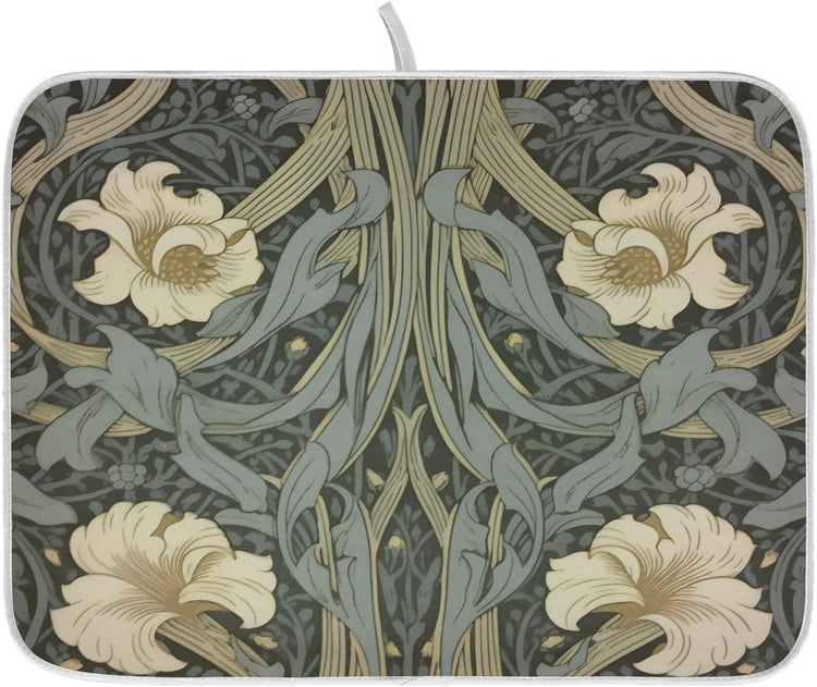 William Morris Flowers Print Dish Drying Mat for Kitchen Counter Absorbent Microfiber Large Drying Pad Dish mats for Kitchen Countertops 18 x 24 Inch