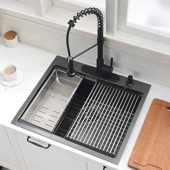 25 Inch Black Drop In Kitchen Sink Workstation - VOKIM 25x22-Inch Drop In sink 16 Gauge Stainless Steel 10'' Deep Single Bowl Handmade Kitchen Sink with Cutting Board& Strainer