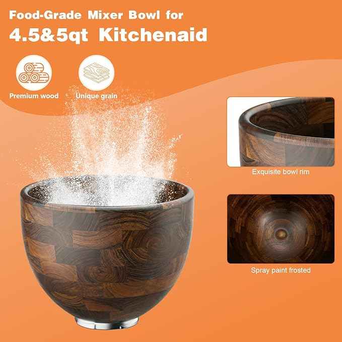 5 Qt Solid Wood Mixing Bowl Compatible with KitchenAid Tilt-Head Stand Mixer, Handcrafted Natural Wooden Bowl for 4.5-5 Qt K45SS KSM75 KSM150, Ideal for Bread Dough & Salads (Dark Brown)