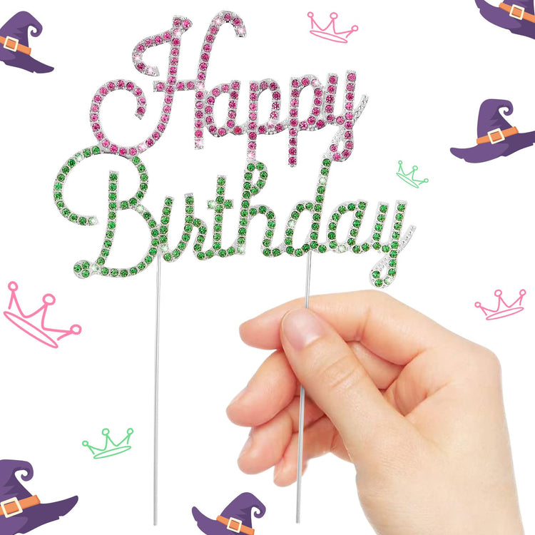 Happy Birthday Cake Topper Pink & Green Rhinestones Witch MovieThemed Cake Topper for Birthday Party Decorations