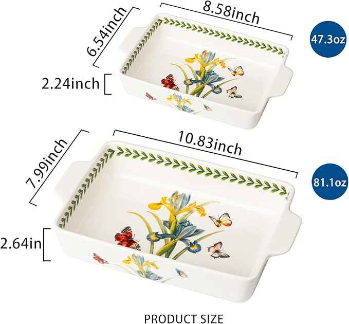 ONCCI In-Glaze Ceramic Baking Dish Set of 2 - Rectangular with Handles,Single Serving Size Casserole dishes 10.8*7.99in & 8.58*6.54inch Sizes - Oven Safe for Cooking, Baking, Casseroles - Dishwasher Safe(Iris)