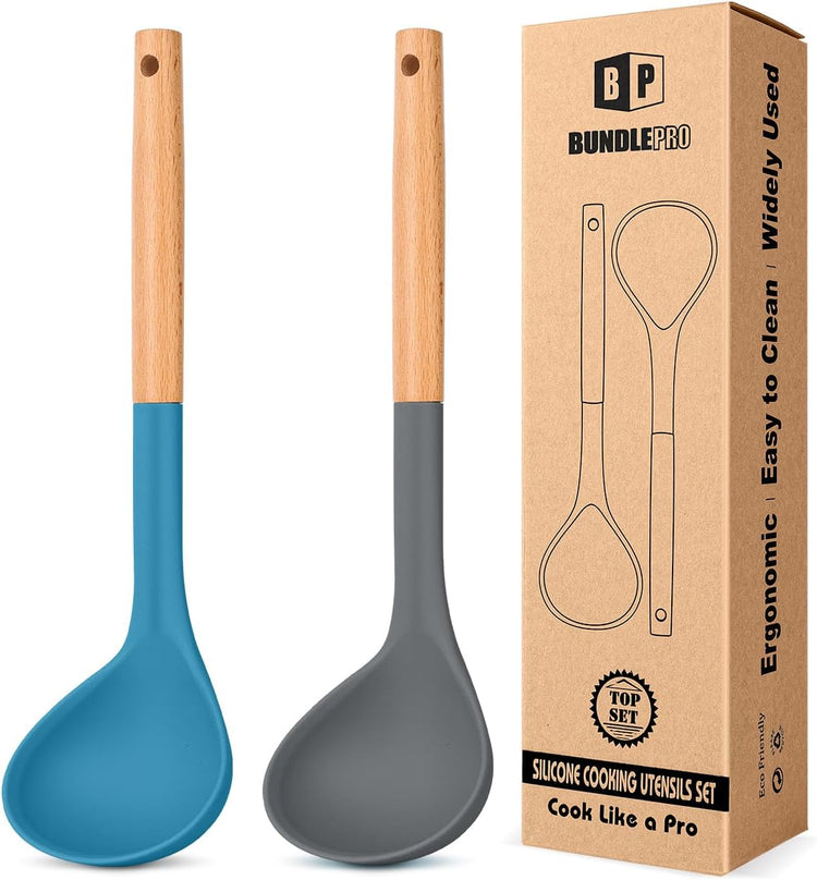 Pack of 2 Soup Ladle, Silicone Ladle Spoon with Wooden Handle, Large Non Stick High Heat Resistant Kitchen Utensils for Cooking, Stirring, Serving Soups(GRAY-BLUE)