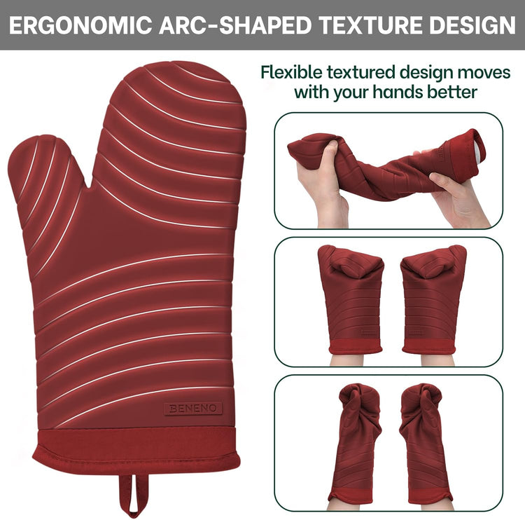 Beneno BPA-Free Silicone Oven Mitts, Heat Resistant Waterproof Oven Mitts with Non-Slip Textured Grip, Comfortable Quilted Lining, Kitchen Pot Holders for Cooking, Baking, Grilling, 7"x13", 2Pcs Red