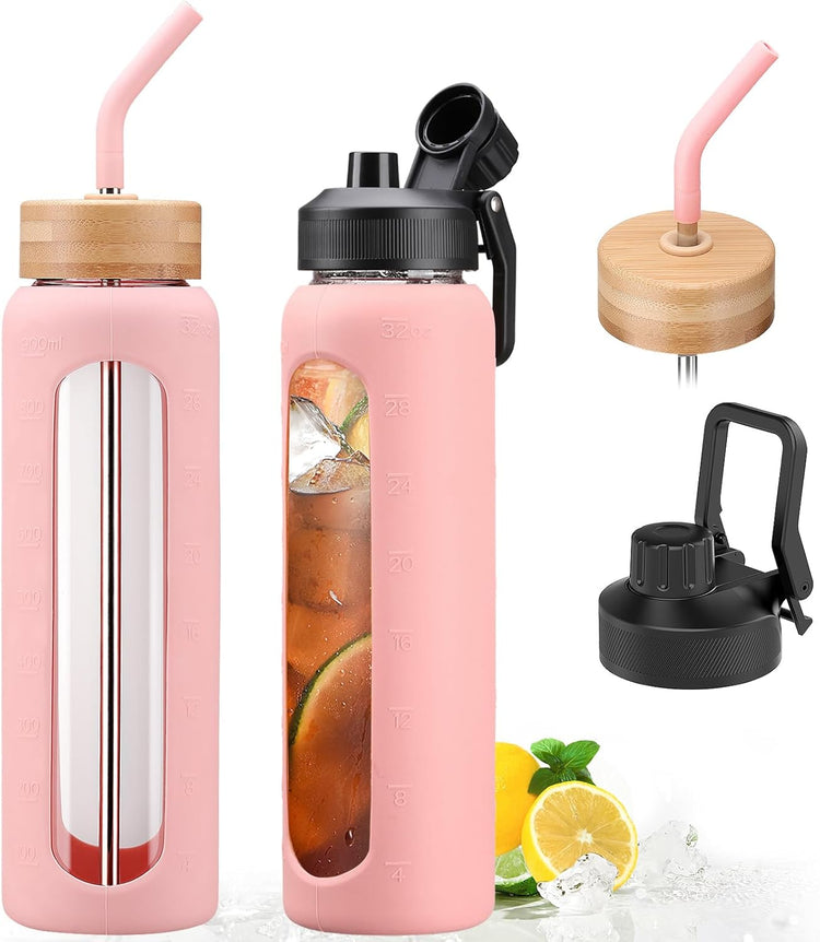 32oz Glass Water Bottle with Straw and 2 Lids- Bamboo Straw and Spout Lid with Phone Holder for Gym, Glass Drinking Bottles with Silicone Sleeve and Motivational Time Marker, Pink