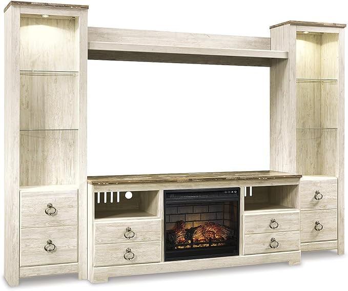 Signature Design by Ashley Entertainment Accessories Vintage 4-Piece Entertainment Center for TVs up to 72" with Electric Fireplace and LED Lights, Whitewash