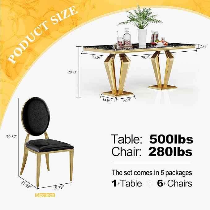 AF ARTISAN FURNITURE 7 Piece Luxury Dining Room Set, Modern Dining Table and Upholstered Chairs Set, Marble Kitchen Table Set for 6, Big Kitchen Dinner Tables Kit with Gold Base