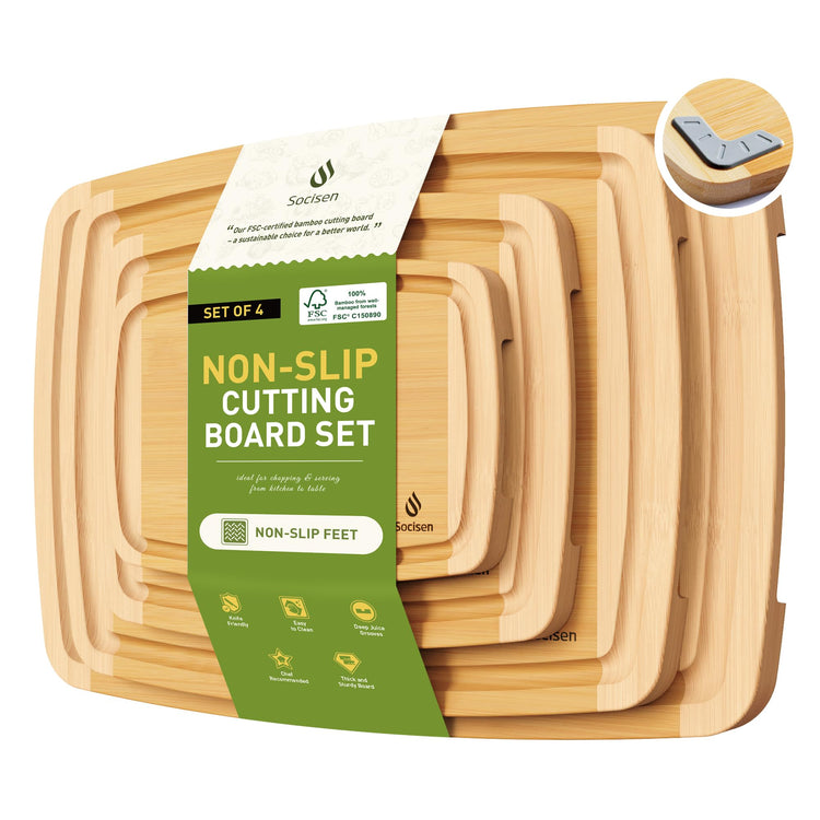 Bamboo Cutting Board Set Non Slip Feet Over Sink Men Husband Birthday Christmas Xmas Valentines Father Day Gifts Ideal from Wife Romantic Anniversary Best Cool Gadget Awesome Who Have Everything (4 Count)