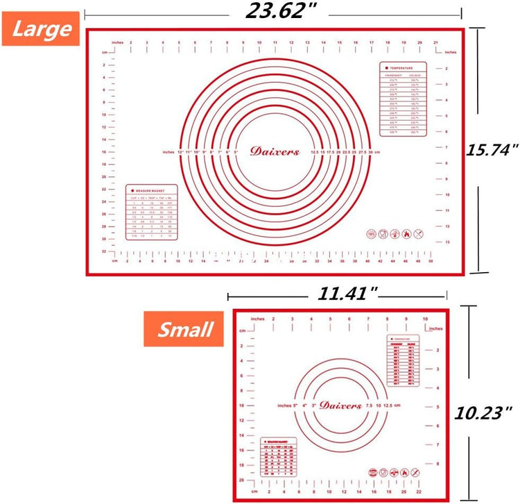 Silicone Baking Mats Set of 2,Large 23.62" x 15.74" Small 11.41" x 10.23",Non Stick Non Skid Pastry-Mat with Measurements (Red)