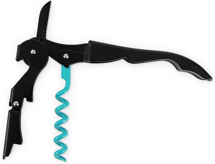 True Brands TrueTap Double Hinged Waiters Corkscrew, Top-notch Stainless Steel Opener with Foil Cutter Built to Last Wine Key Black Blue, Set of 1