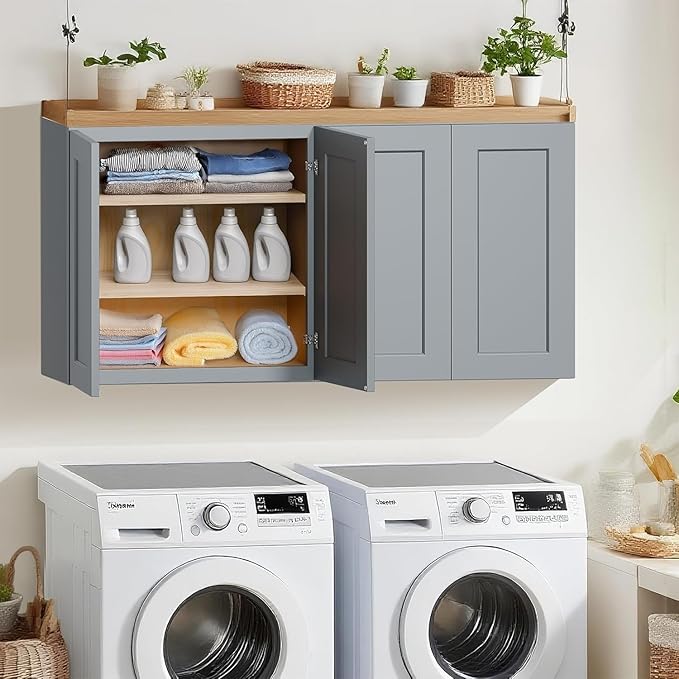 33 Inch Laundry Room Cabinets Wall Mounted, Solid Wood Over The Toilet Storage Cabinet, Bathroom Organizer Cabinets with 2 Door & Shelves, Easy to Assemble for Kitchen, Garage - Dark Gray