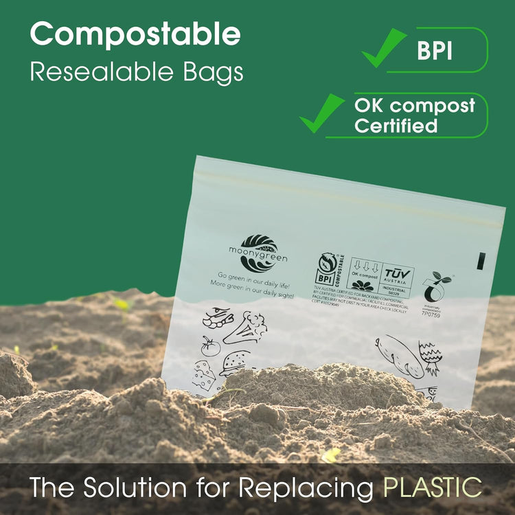 Compostable Food Storage Bags, Resealable Sandwich Bags, 50 Count, 6.7 x 6.8 inches, Extra Thick, Certified US BPI ASTM D6400 Europe OK Compost