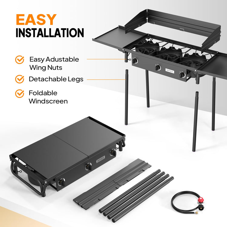 3 Burner Propane Gas Stove with Side Shelf & Carrying Bag