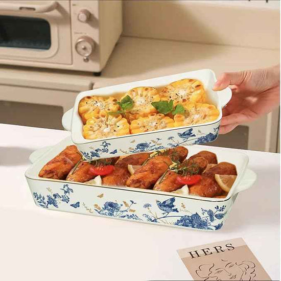 Baking Pans Set of 2 Blue flower 14 inch Ceramic for Oven Large Casserole Baking Dish Set with Handles Porcelain Bakeware Sets Casserole Dish for Oven/Cooking/Kitchen/Cake Dinner/Turkey/Pumpkin/Thanksgiving Holiday Gifts