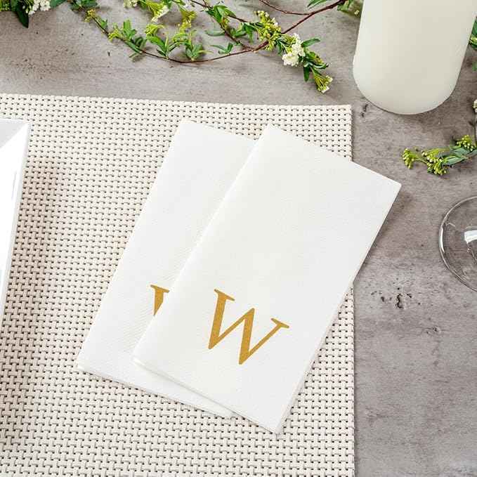Luxenap 15.8 X 7.9 Inch Linen-Feel Guest Towels, 2000 Lettered Hand Towels - Gold Letter 'W', Sans Serif Font, White Paper Dinner Napkins, airlaid, For Restrooms And Tables