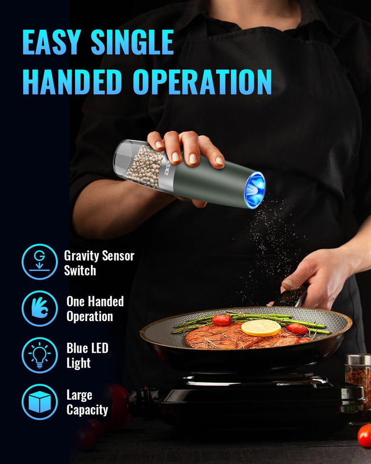 XinXu Gravity Electric Pepper and Salt Grinder Set, Adjustable Coarseness, Battery Powered with LED Light, One Hand Automatic Operation, Dark Green - 2 Pack